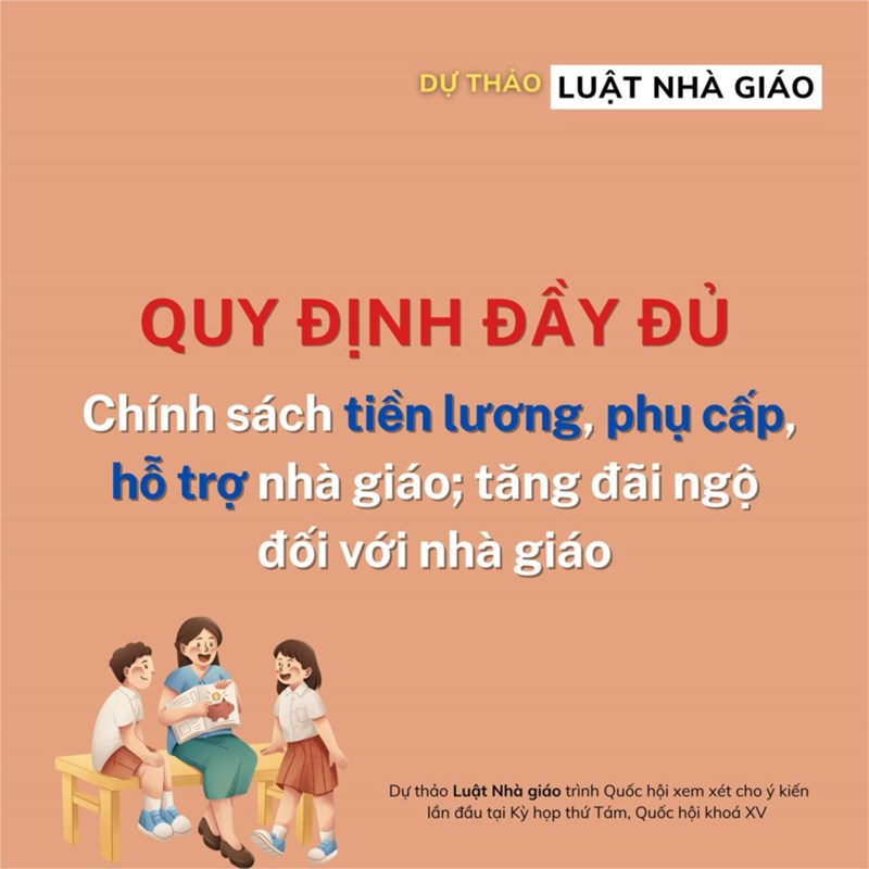 Theo dự thảo Luật Nhà giáo dự kiến trình Quốc hội lần đầu tại Kỳ họp thứ Tám, Quốc hội khóa XV, các chính sách về lương, phụ cấp và hỗ trợ cho nhà giáo được quy định chi tiết. Các quy định này nhằm tăng cường các chế độ đãi ngộ, giúp nhà giáo yên tâm làm việc và gắn bó với nghề.