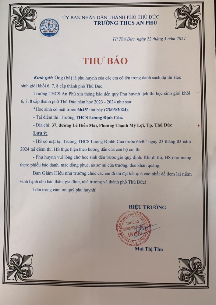 Thư báo PHHS về việc học sinh tham dự kỳ thi Học sinh giỏi khối 6, 7,8 cấp TP Thủ Đức - NH 2023 - 2024