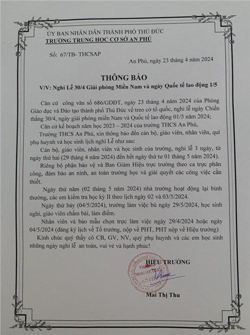 Thông báo lịch nghỉ lễ 30/4 và 1/5