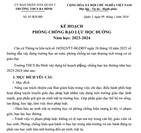 Kế hoạch Phòng chống bạo lực học đường - Năm học: 2023-2024