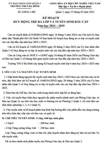 Kế hoạch Huy động trẻ ra lớp và tuyển sinh đầu cấp Năm học 2024 – 2025