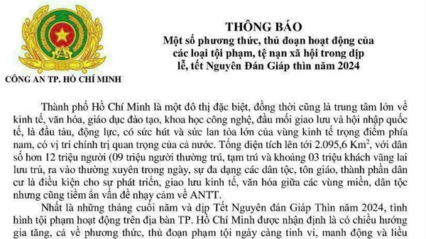 Thông báo: Một số phương thức, thủ đoạn hoạt động của các loại tội phạm, tệ nạn xã hội trong dịp lễ, tết Nguyên Đán Giáp thìn năm 2024