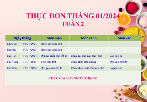Thực đơn bán trú tuần 2 tháng 1/2024