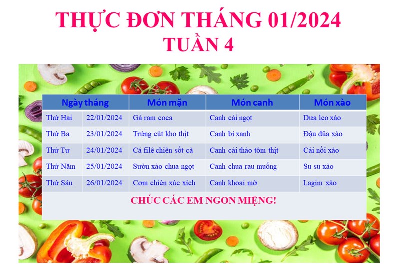 Thực đơn bán trú tuần 4 tháng 01/2024