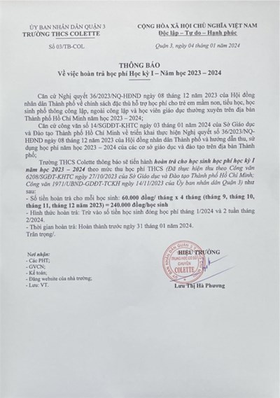 Thông báo 
Về việc hoàn trả học phí Học kỳ 1 - Năm học: 2023-2024
