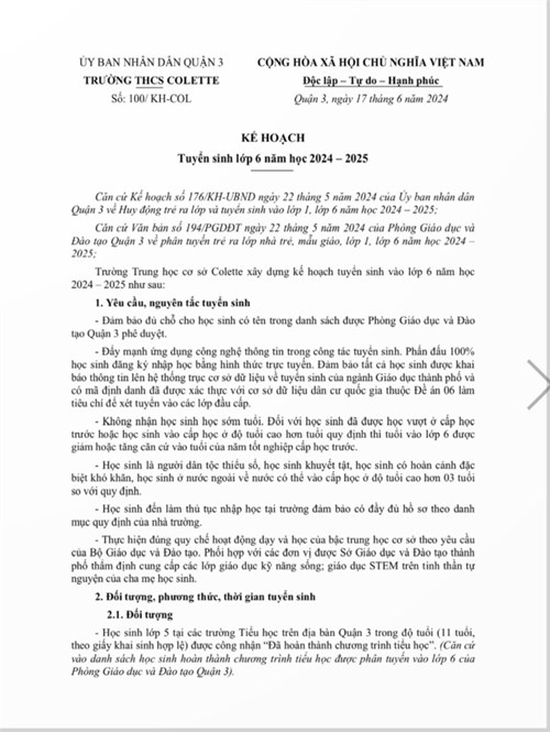 KẾ HOẠCH
Tuyển sinh lớp 6 năm học 2024 – 2025