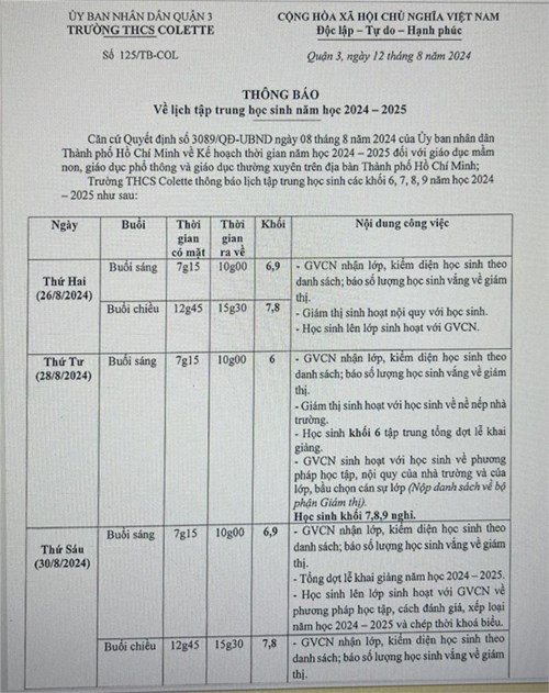 Thông báo về Lịch tập trung học sinh năm học 2024-2025