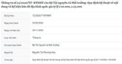 Thông tư số 12/2020/TT-BTNMT của Bộ Tài nguyên và Môi trường: Quy định kỹ thuật về nội dung và ký hiệu bản đồ địa hình quốc gia tỷ lệ 1:10.000, 1:25.000