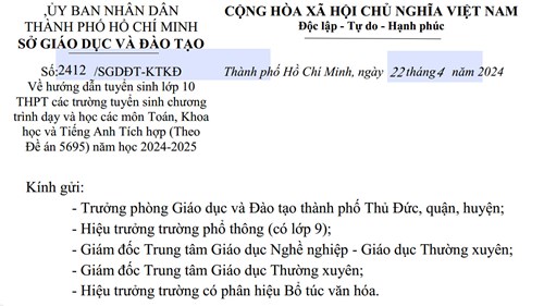 Hướng dẫn tuyển sinh lớp 10 THPT chương trình tích hợp năm học 2024-2025