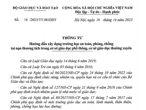 Hướng dẫn xây dựng trường học an toàn, phòng, chống tai nạn thương tích trong cơ sở giáo dục phổ thông