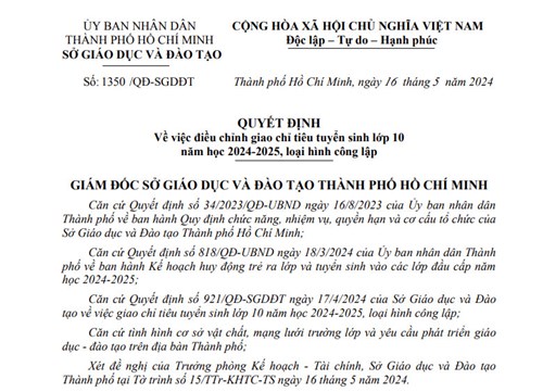 Quyết định điều chỉnh giao chỉ tiêu tuyển sinh lớp 10 năm học 2024-2025 loại hình công lập