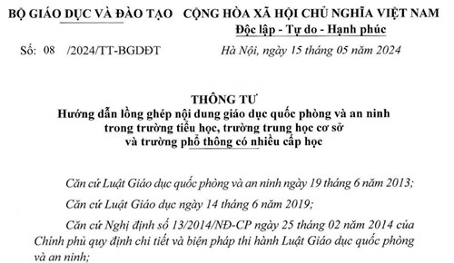 Thông tư 08/2024/TT-BGDĐT Hướng dẫn lồng ghép nội dung giáo dục quốc phòng và an ninh trong trường tiểu học, trường trung học cơ sở và trường phổ thông có nhiều cấp học