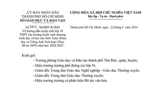Hướng dẫn tuyển sinh lớp 10 THPT các trường tuyển sinh chương trình dạy và học các môn Toán, Khoa học và Tiếng Anh Tích hợp (Theo Đề án 5695) năm học 2024-2025