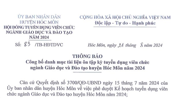 Danh mục tài liệu ôn tập kỳ tuyển dụng viên chức ngành giáo dục năm 2024 tại Hóc Môn