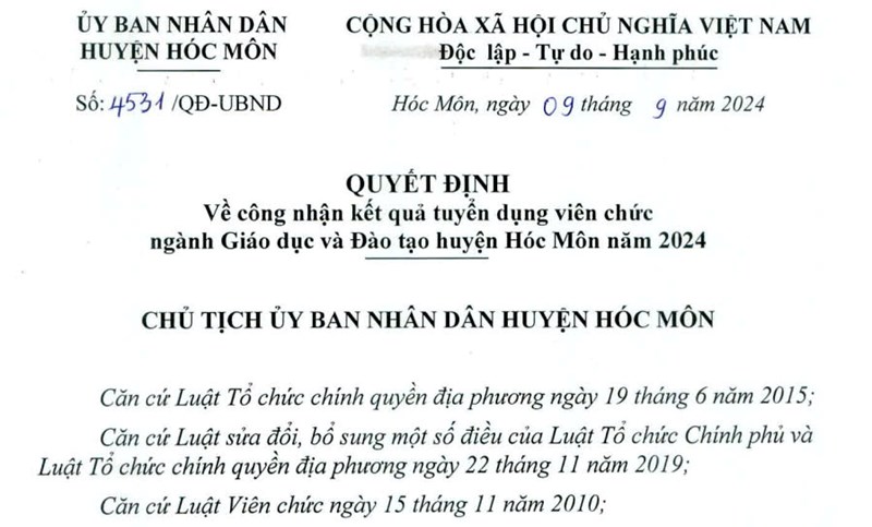 Kết quả tuyển dụng viên chức ngành GD-ĐT Hóc Môn năm 2024