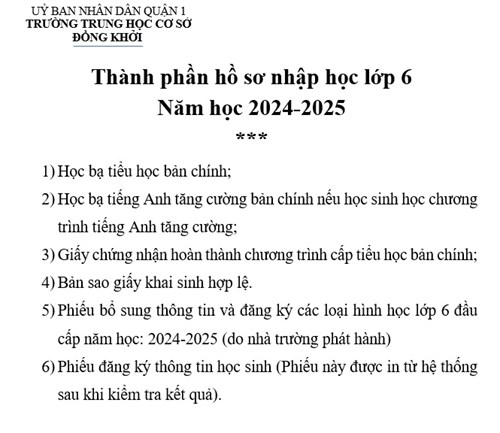 Thành phần hồ sơ nhập học lớp 6 
Năm học 2024-2025