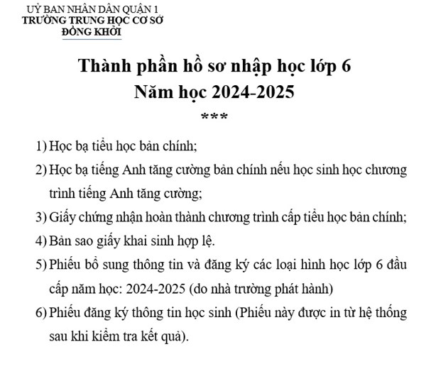Thành phần hồ sơ nhập học lớp 6 
Năm học 2024-2025