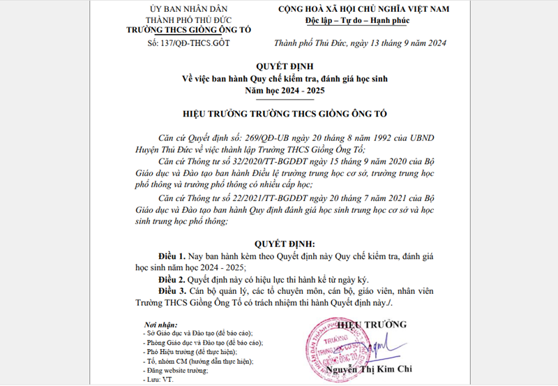 Về việc ban hành Quy chế kiểm tra, đánh giá học sinh năm học 2024-2025
