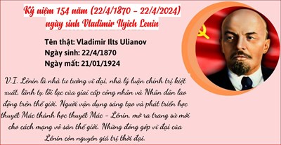 Kỷ niệm 154 năm ngày sinh Vladimir Ilyich Lenin (22/4/1870 - 22/4/2024)