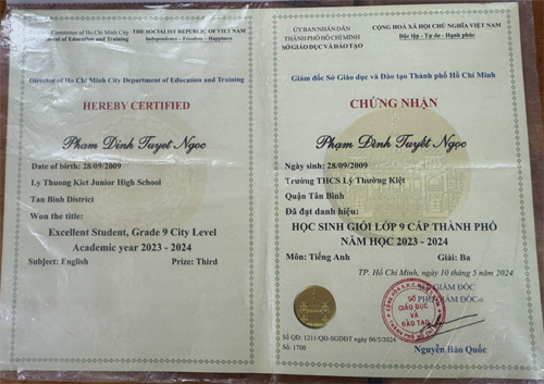 Học sinh đạt học sinh giỏi cấp thành phố môn Tiếng Anh