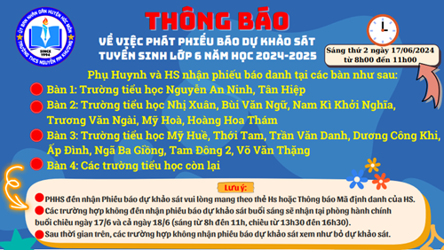 Thông báo về việc phát phiếu báo danh dự khảo sát lớp 6 năm học 2024-2025