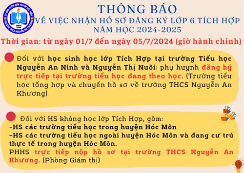 Thông báo về việc nhận hồ sơ đăng ký lớp 6 tích hợp năm học 2024-2025