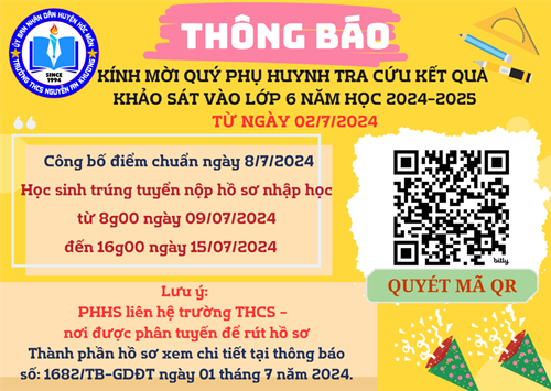 Thông báo về việc công bế kết quả khảo sát, đăng ký phúc khảo, công bố điểm chuẩn và nộp hồ sơ nhập học đối với học sinh lớp 6 vào trường thcs nguyễn an khương năm học 2024-2025