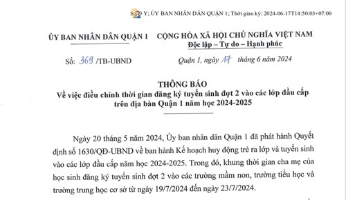 Thông báo về việc điều chỉnh thời gian đăng ký tuyển sinh đợt 2 vào các lớp đầu cấp trên địa bàn Quận 1 năm học 2024-2025