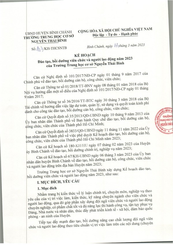 Kế hoạch đào tạo, bồi dưỡng viên chức, người lao động năm 2023.