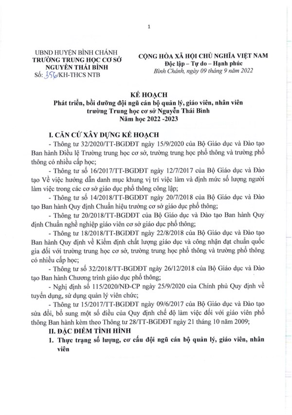 Kế hoạch phát triển, bồi dưỡng đội ngũ cán bộ quản lý, giáo viên, nhân viên.