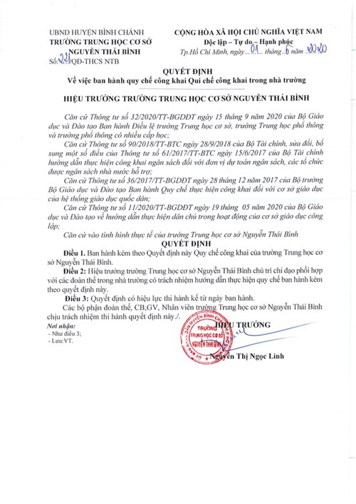Quyết định về việc ban hành Quy chế công khai trong nhà trường.