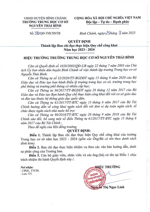 Quyết định thành lập Ban chỉ đạo thực hiện Quy chế công khai năm học 2023 - 2024