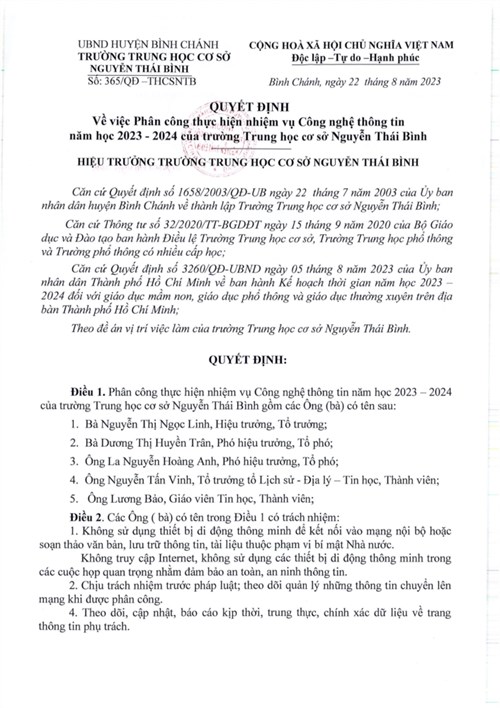 QUYẾT ĐỊNH: Về việc Phân công thực hiện nhiệm vụ Công nghệ thông tin năm học 2023 - 2024 của Trường Trung học cơ sở Nguyễn Thái Bình