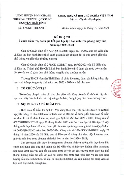 KẾ HOẠCH: Tổ chức kiểm tra, đánh giá kết quả học tập học sinh trên phòng máy tính, Năm học 2023 - 2024