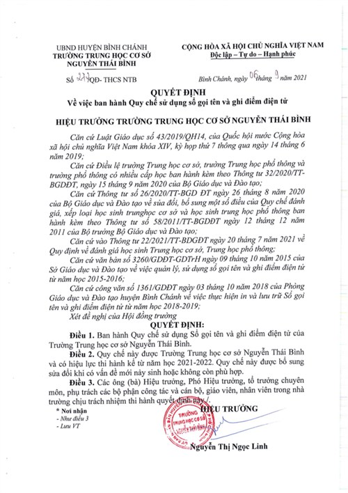 QUYẾT ĐỊNH: Về việc ban hành Quy chế sử dụng sổ gọi tên và ghi điểm điện tử