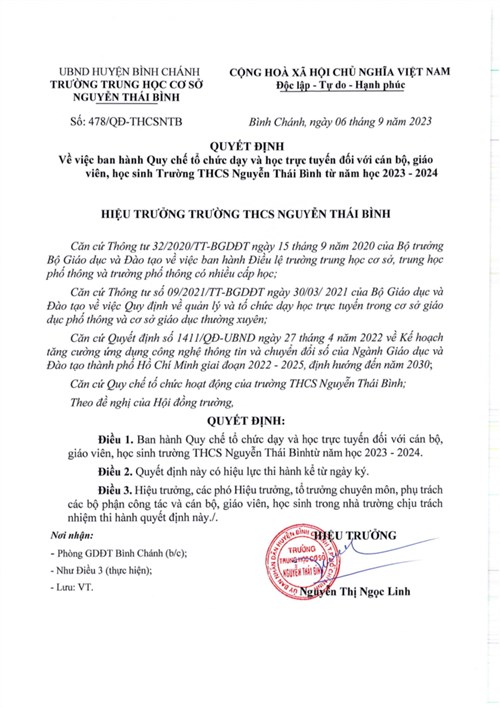QUYẾT ĐỊNH: Về việc ban hành Quy chế tổ chức dạy và học trực tuyến đối với cán bộ, giáo viên, học sinh Trường THCS Nguyễn Thái Bình từ năm học 2023 - 2024