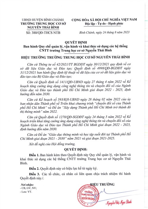QUYẾT ĐỊNH: Ban hành Quy chế quản lý, vận hành và khai thác sử dụng các hệ thông CNTT trường Trung học cơ sở Nguyễn Thái Bình