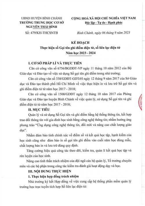 Kế hoạch và Quyết định: Thực hiện sổ Gọi tên ghi điểm điện tử, sổ liên lạc điện tử 
Năm học 2023 - 2024