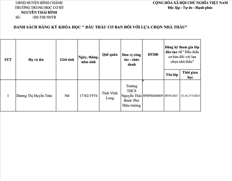 Danh sách đăng ký Khóa học   Đấu thầu cơ bản đối với lựa chọn nhà thầu 
