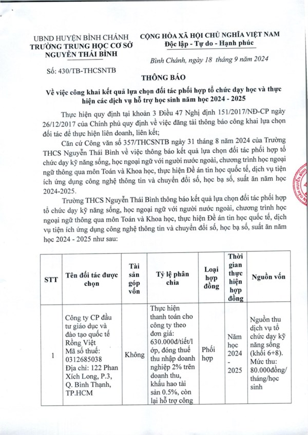 Thông báo công khai kết quả lựa chọn đối tác phối hợp tổ chức dạy học và thực hiện các dịch vụ hỗ trợ học sinh năm học 2024 - 2025