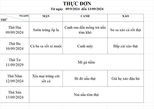 Thực đơn bán trú tuần 1