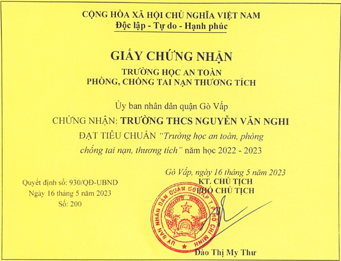 Trường THCS Nguyễn Văn Nghi đạt tiêu chuẩn   Trường học an toàn, phòng chống tai nạn, thương tích  năm học 2022 - 2023