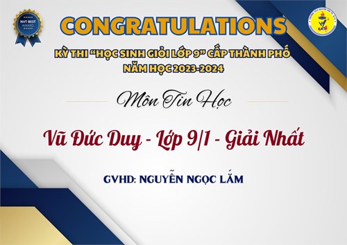 Trường THCS Nguyễn Văn Tố chúc mừng 41 học sinh xuất sắc lớp 9 đạt được thành tích cao trong Kỳ thi Học sinh giỏi lớp 9 cấp Thành phố năm học 2023-2024