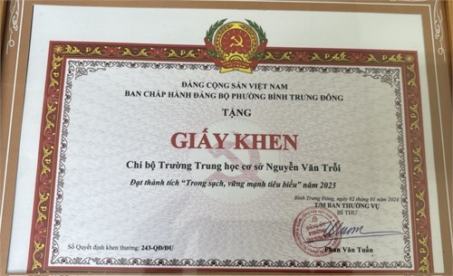 Giấy khen chi bộ trường THCS Nguyễn Văn Trỗi đạt thành tích  Trong sạch- Vững mạnh tiêu biểu  năm 2023