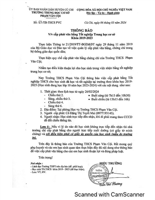 Thông báo cấp phát văn bằng Tốt nghiệp Trung học cơ sở Khóa 2019-2023