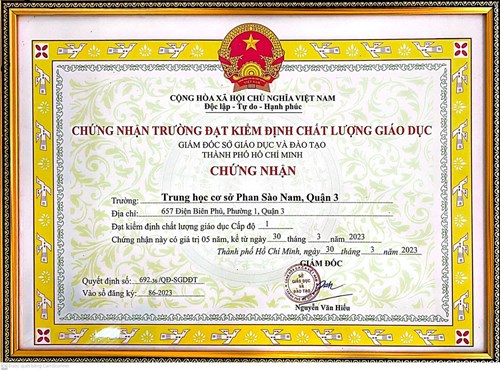 Quyết định công nhận Trường THCS Phan Sào Nam, Quận 3 đạt kiểm định chất lượng giáo dục cấp độ 1
