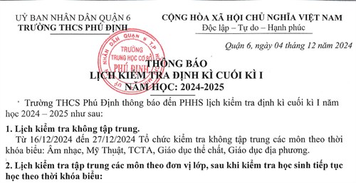 Lịch kiểm tra định kì học kì 1 năm học 2024-2025