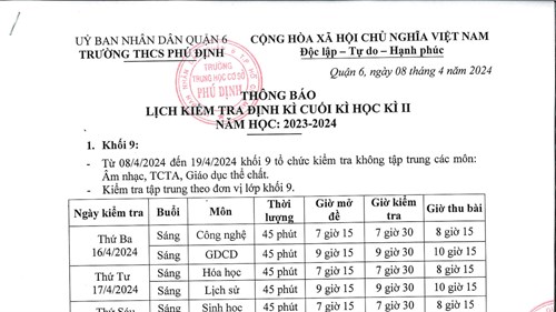 Lịch kiểm tra định kì cuối học kì II năm học 2023-2024