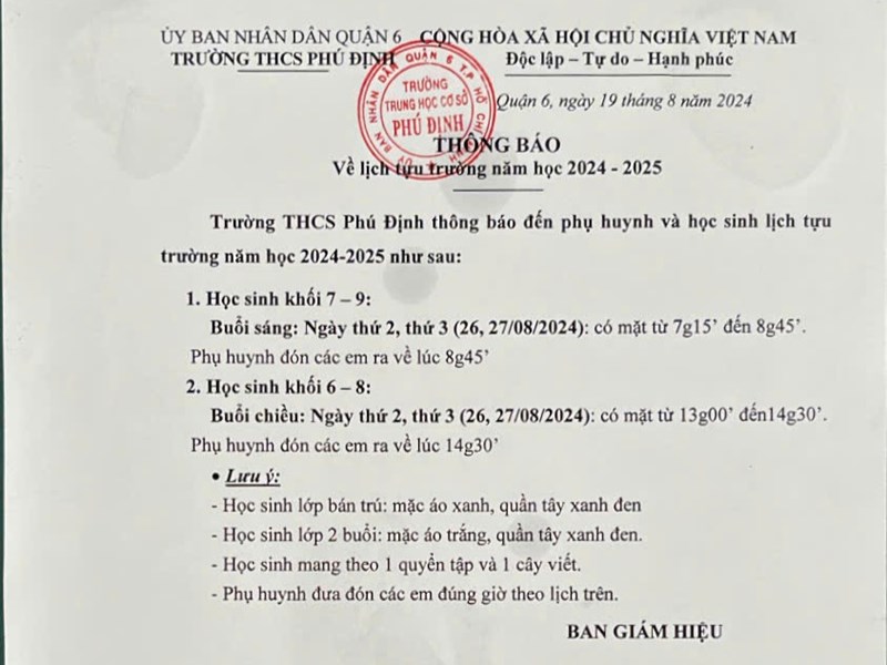 Lịch tựu trường năm học 2024-2025