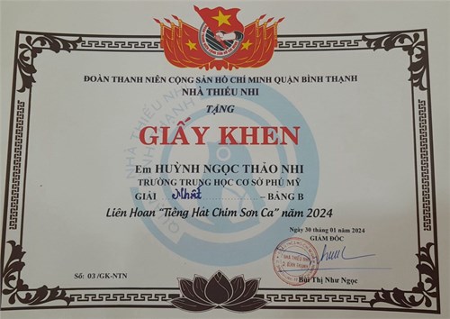 Huỳnh Ngọc Thảo Nhi 7A1 - Giải nhất Hội thi  tiếng hát chim Sơn ca  năm học 2023 - 2024